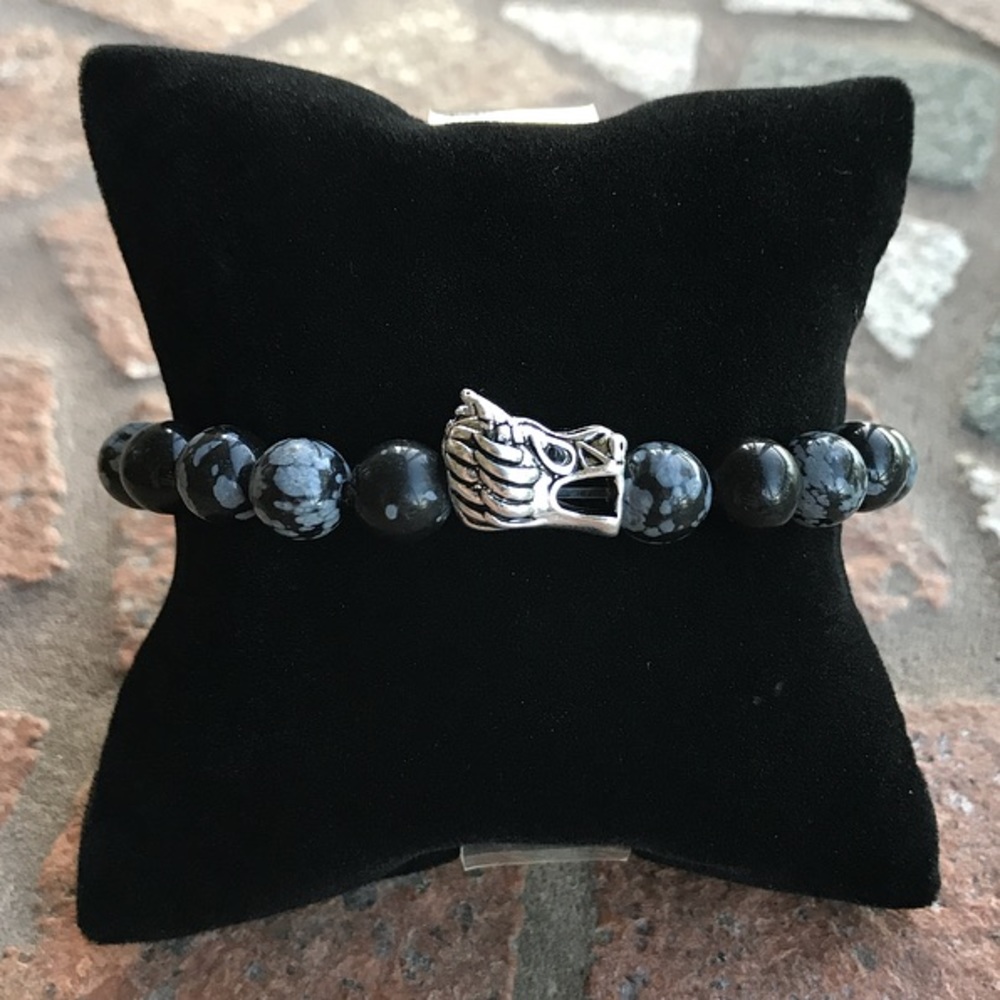 Genuine Obsidian gemstones silver dragon bracelet - Picture 4 of 8